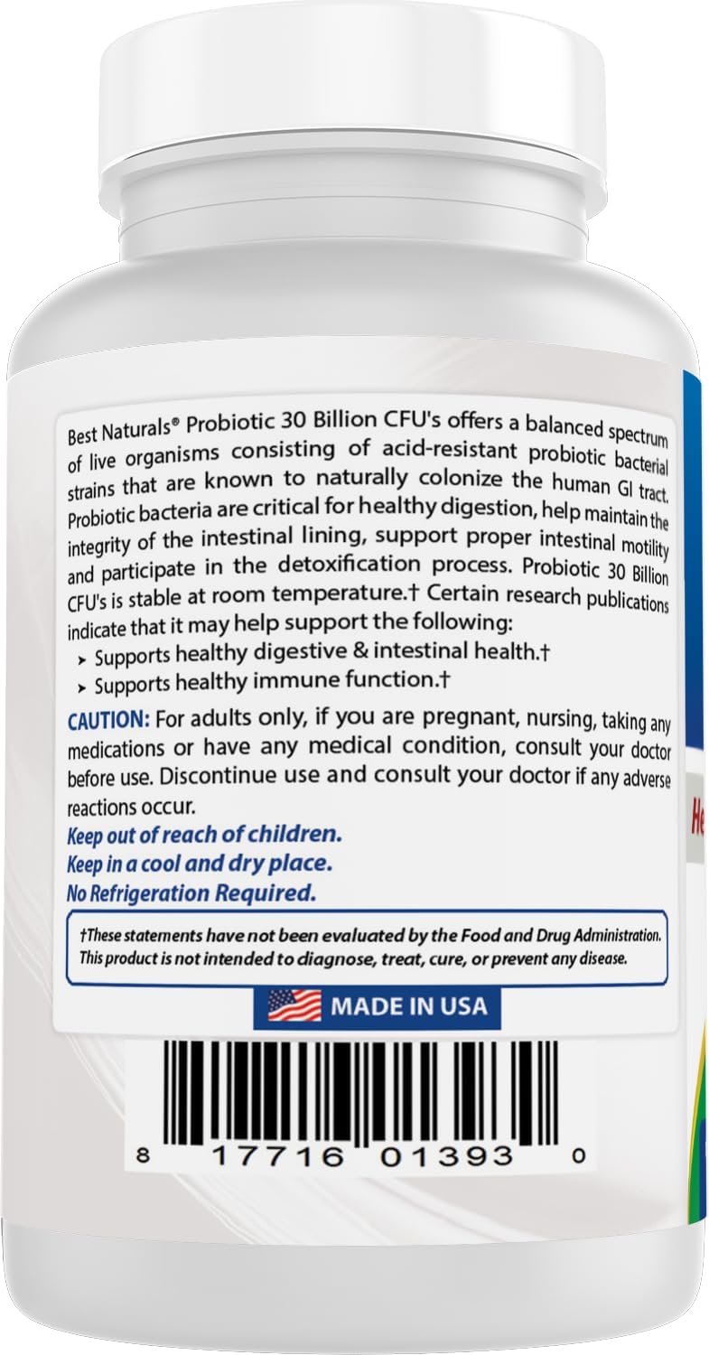 Best Naturals Probiotic 10 Strains & 30 Billion CFU Intestinal Flora, 120 Veggie Capsules - Shelf Stable probiotic (4146365)