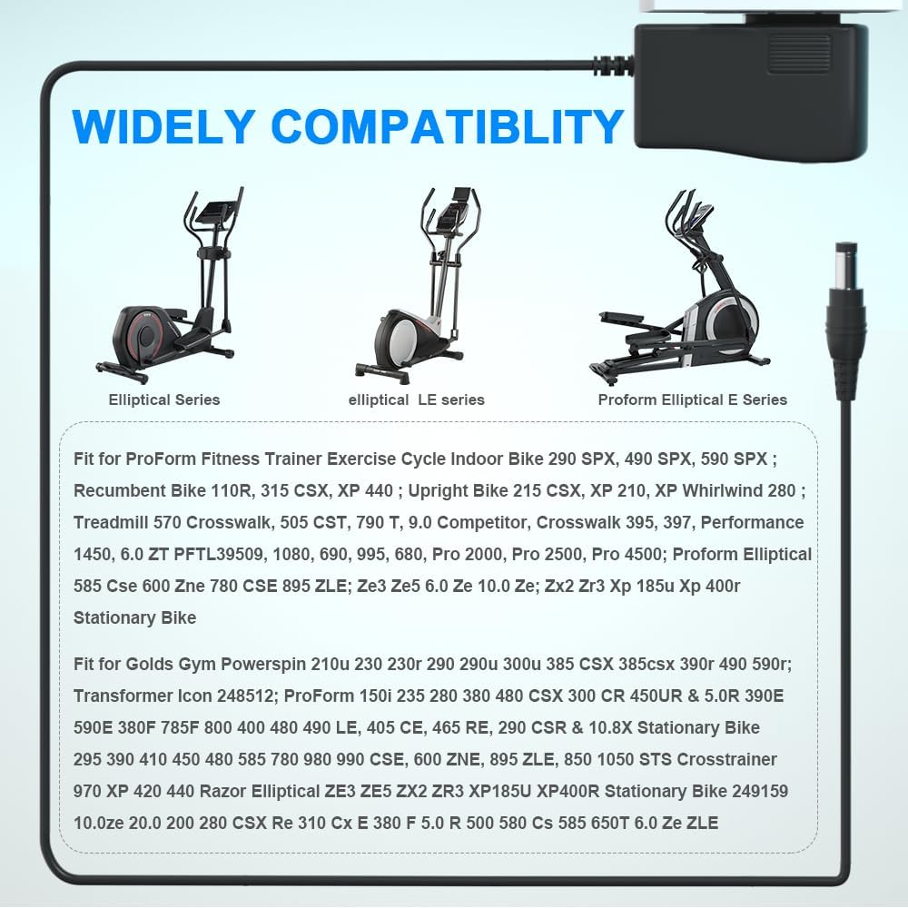 9.8ft Extra Long 6V 2A Power Supply Adapter for ProForm Elliptical，Power Cord for Smart Strider 480 490 500 600 LE, 390 395 475 510 E, 510 EX