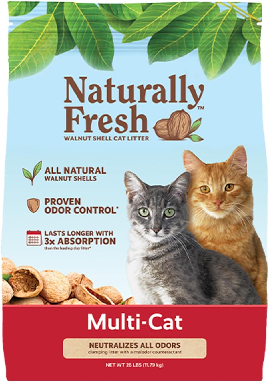 Naturally Fresh Cat Litter Made From Walnut Shells, Unscented, Multi-Cat, Upcycled, Low Dust, Sustainable, 26 Lbs