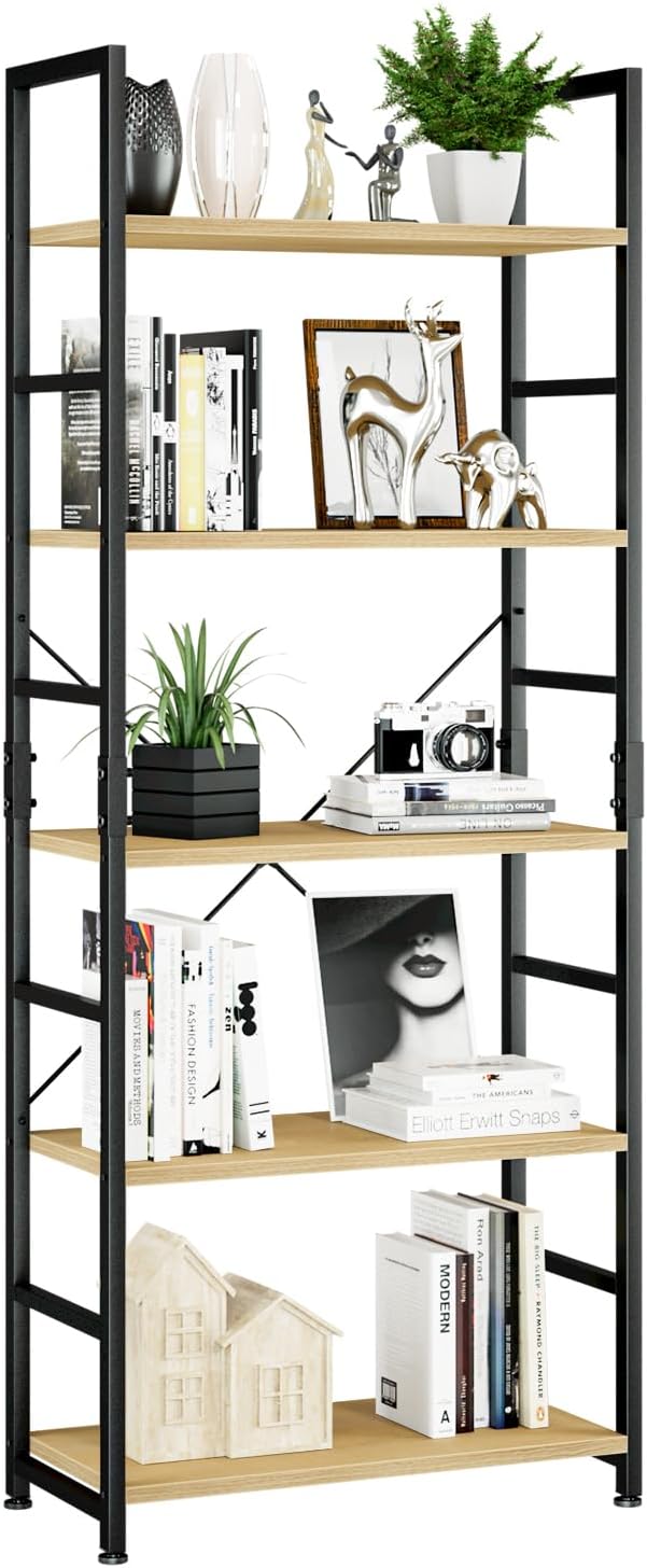 NUMENN 5 Tier Bookshelf, Tall Freestanding Open Storage Bookcase, Vintage