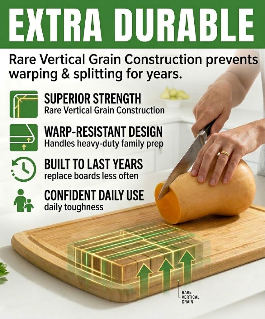 INDESTRUCTABLE Bamboo Cutting Board (Extra Large) with Vertical Grain Strength Technology - Non Toxic, Spacious and Lightweight 18" XL Chopping Board Gift - Replacements for Life
