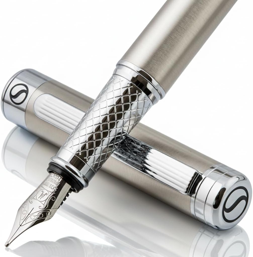 Scriveiner Silver Chrome Fountain Pen - Stunning Luxury Pen, Real Gold Finish Schmidt Gilded Nib (Medium), Best Pen Gift Set for Men & Women
