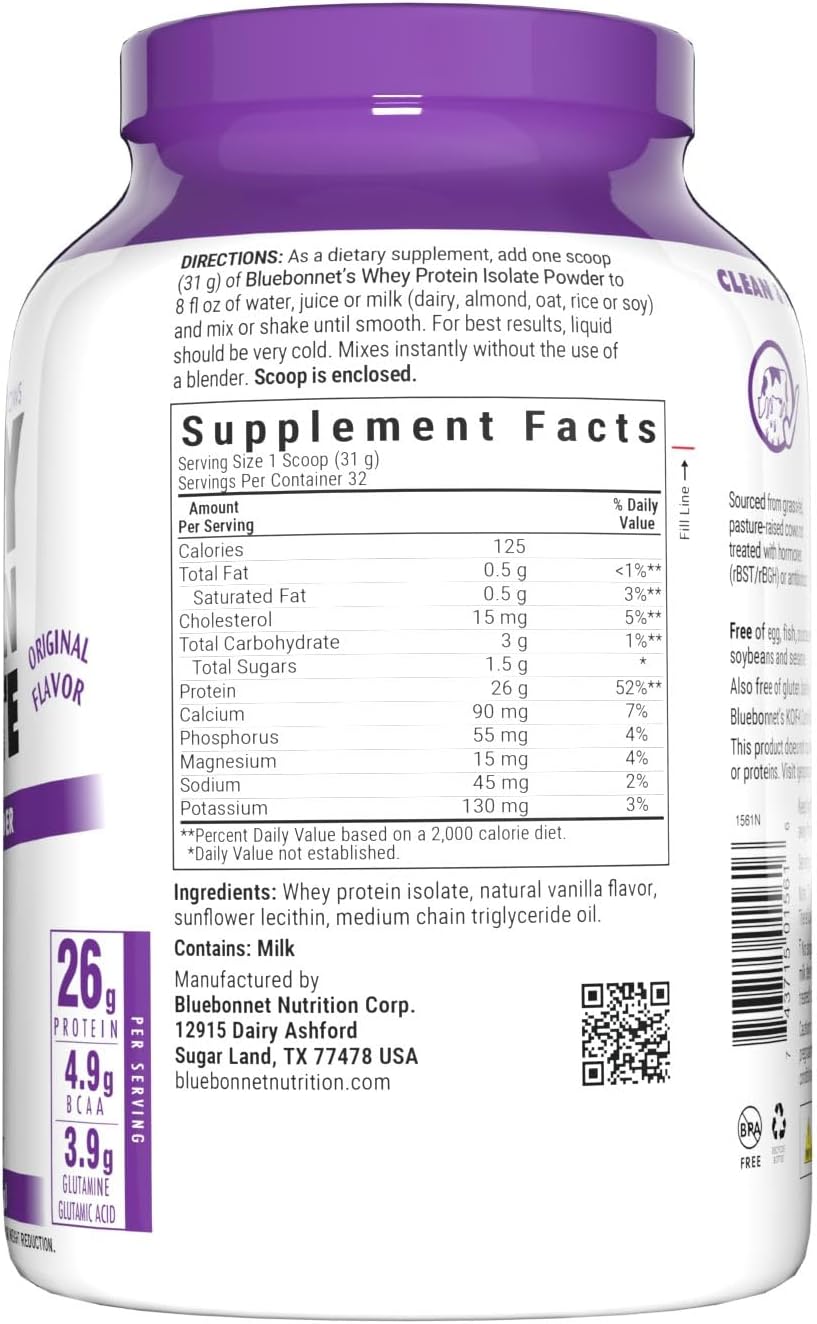 Bluebonnet Nutrition Whey Protein Isolate Powder, Whey from Grass Fed Cows, 26 Grams of Protein, No Sugar Added, Gluten Free, Soy Free, Kosher Dairy, 2.2 lbs, 32 Servings, Original Unflavored | Kosher