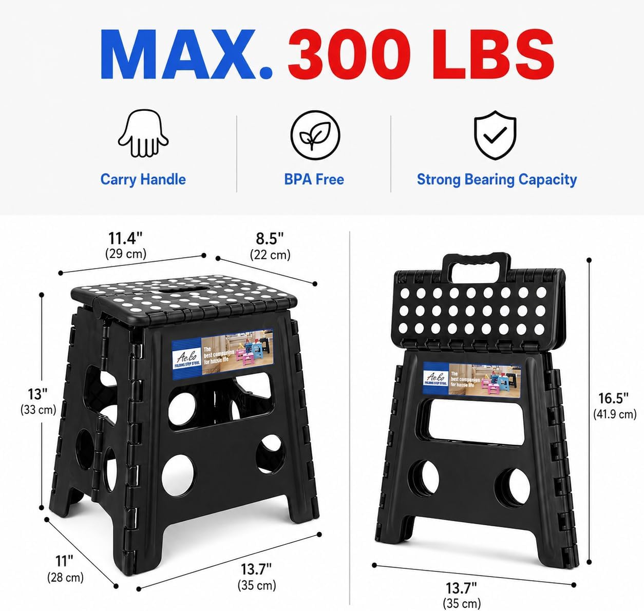 ACKO 13 Inch Folding Step Stool, Holds 300 lb for Adults and Kids, Black | Collapsible Heavy Duty Foldable Stools, Portable Non-Slip Foot Stepping stool, Kitchen Bathroom Bedroom Outdoor with Handle