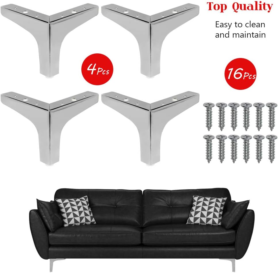 4 Pack 4 Inch Furniture Legs, Chrome Metal Polished Triangle Feet