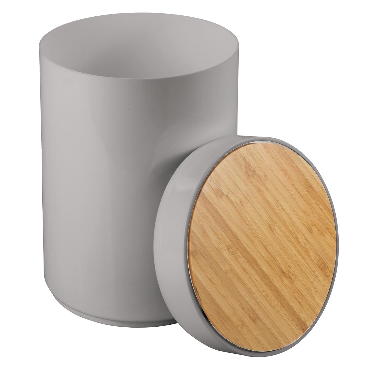 mDesign Plastic Round Trash Can Small Wastebasket - Garbage Bin Container with Swing-Close Lid - Bathroom Garbage Basket - Holds Waste, Recycling - 1.3 Gallon - Basa Collection - Cream/Beige/Natural