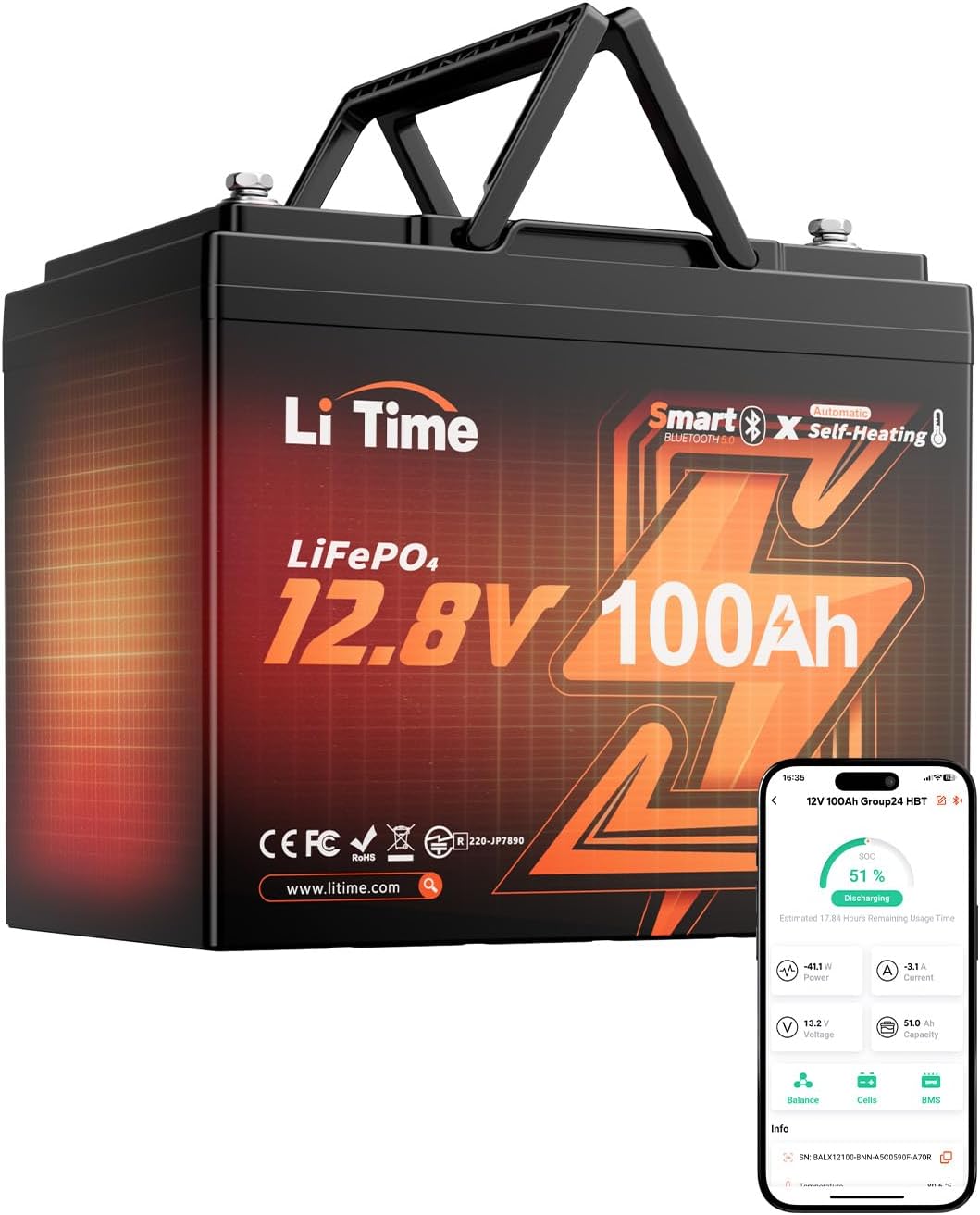 Litime 12V 50Ah LiFePO4 Trolling Motor Battery for Marine RV Solar Camper