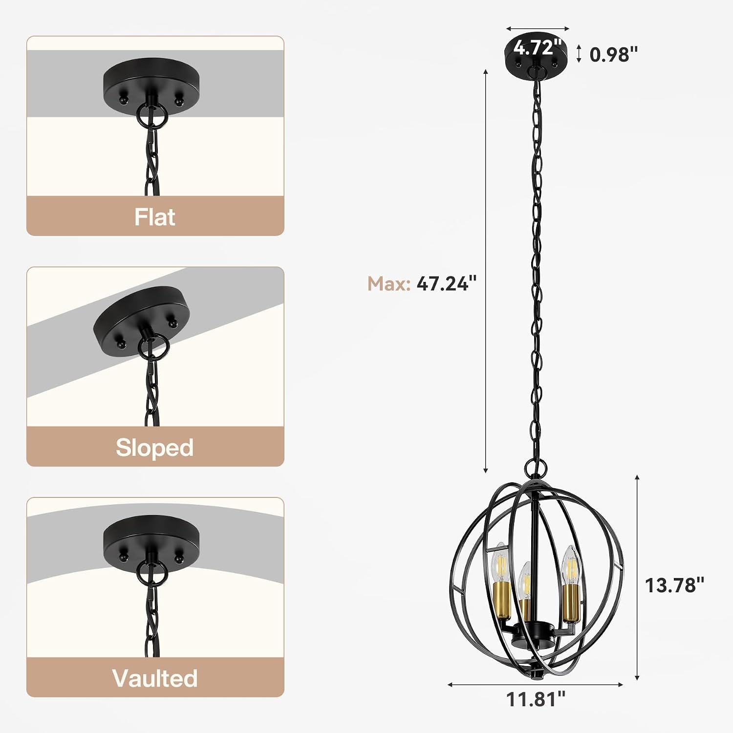 3-Light Farmhouse Chandelier, Black Industrial Metal Globe Pendant Light | Adjustable Hanging Height, for Kitchen Island, Dining Room, Foyer, Entryway