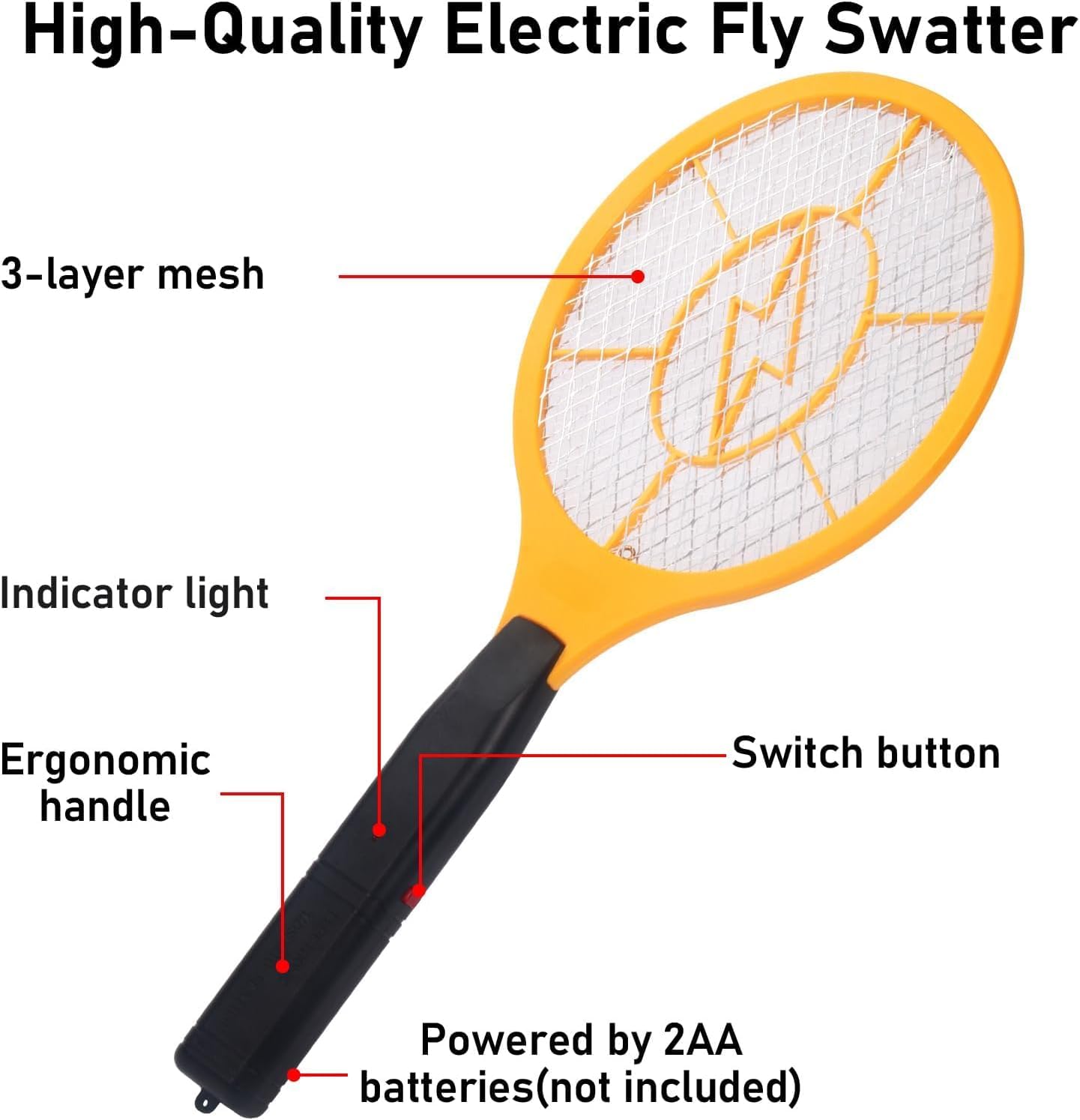 Electric Fly Swatter Handheld Bug Zapper - Indoor Outdoor Zapping Racket for Pest Mosquito & Flies - Battery Powered Safe to Touch with 3-Layer
