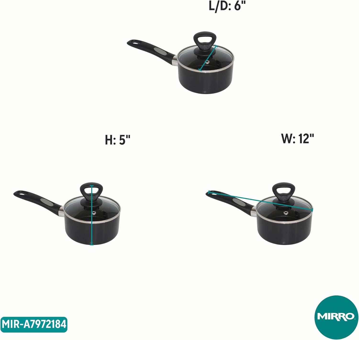Mirro A79721 Get A Grip Aluminum Nonstick Sauce Pan with Glass Lid Cover Cookware, 1-Quart, Black -