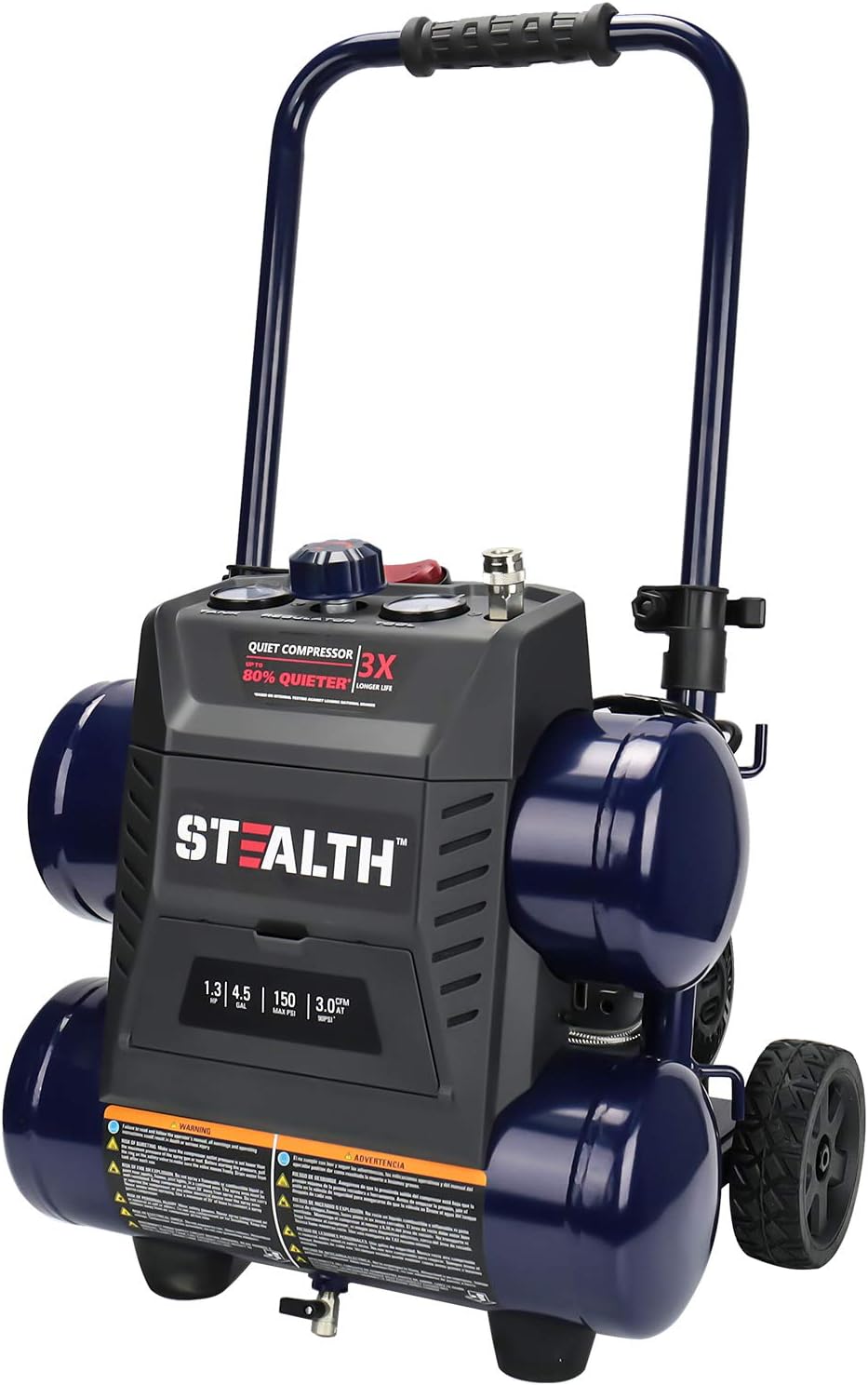 Stealth Quiet Air Compressor with Wheel, 64 Decibel 4.5 Gallon Peak 1.3 HP Max 150 PSI, Oil-Free Air Pump