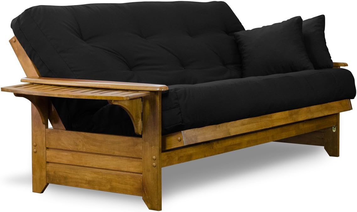 Brentwood Tray Arm Futon Sofabed Set - Queen Frame, 8" Microfiber Fudge Mattress, Heritage Finish