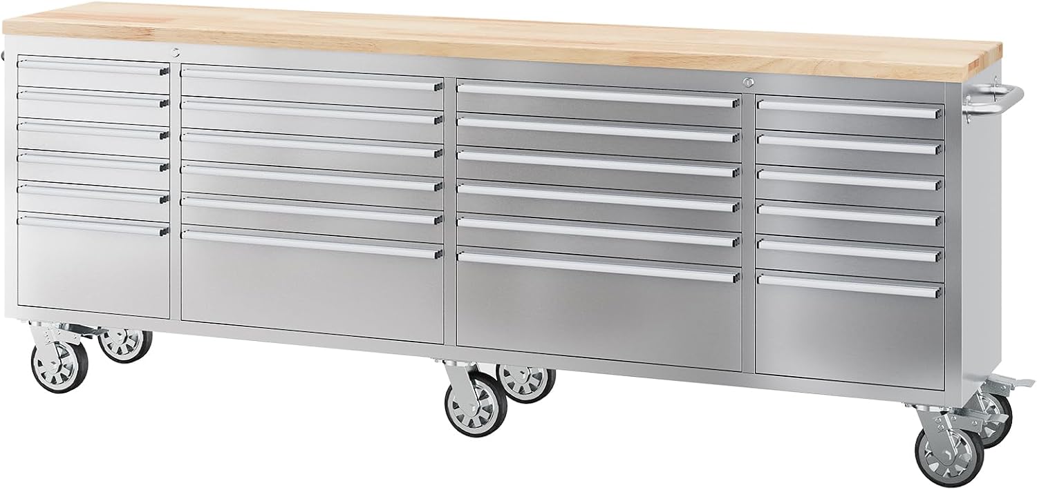 72" Heavy-Duty Rolling Tool Chest & Workbench with 15 Drawers, Steel Rubber Wood Top on Wheels, Key Locking System, Drawer Liners for Garage Warehouse Repair Shop, Black Storage Cabinet.