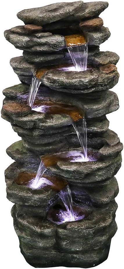PeterIvan Outdoor Relaxing Waterfall - 6-Tier Fountain with 6 LED Lights, Stone-Liking Resin for Patio, Garden, House&Office (40.6in, Grey)