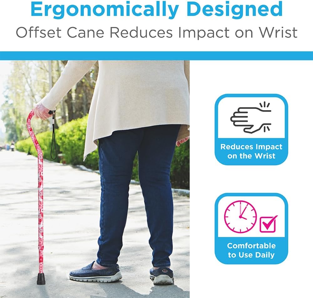 NOVA Designer Walking Cane with Offset Handle, Lightweight Adjustable Walking Stick with Carrying Strap, “Maui Flowers” Design