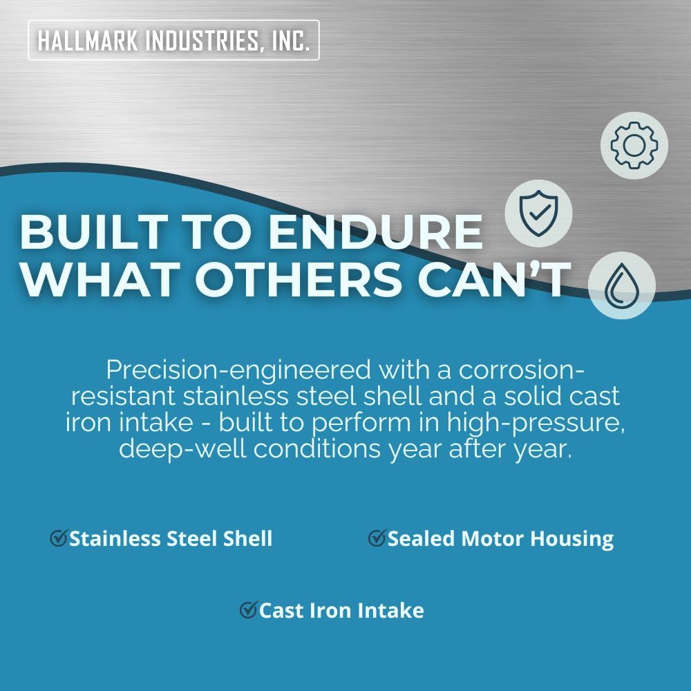 Hallmark Industries MA0414X-7 Deep Well Submersible Pump, 1HP, 110V 60HZ, 33 Gpm, Stainless Steel, Long Life