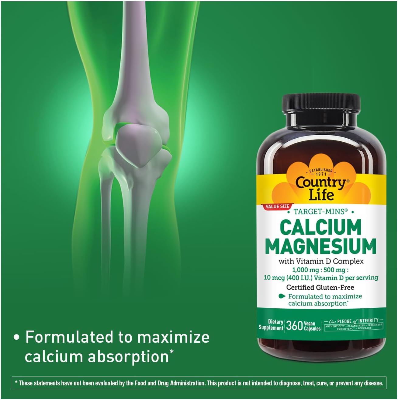 Country Life Target-Mins Calcium Magnesium with Vitamin D, 240 Capsules | 1,000 mg calcium, 500 mg magnesium and 10 mcg vitamin D per serving for bone health and calcium absorption