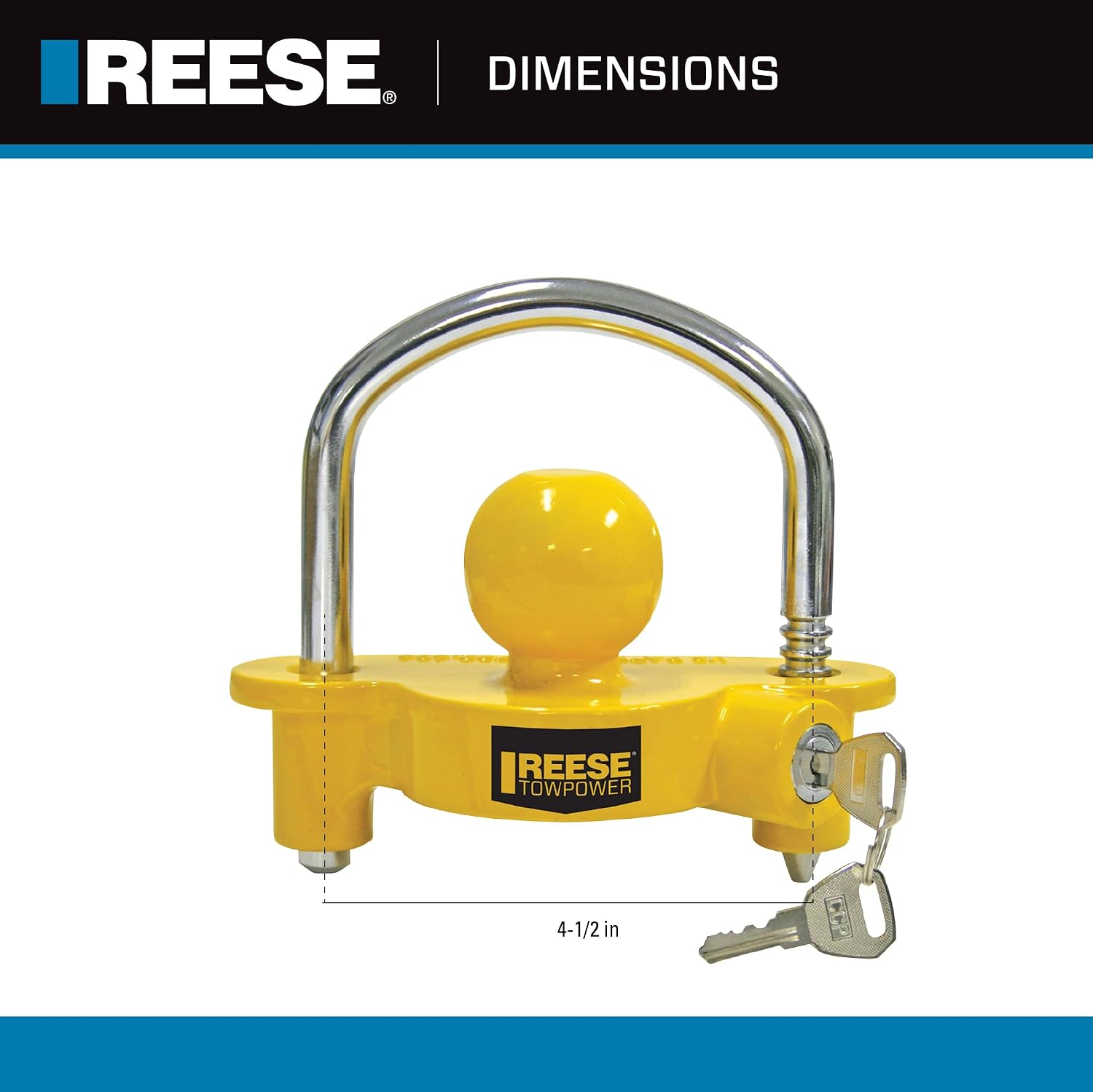 REESE Towpower 72783 Coupler Lock, Adjustable Storage Security, Heavy-Duty Steel, Yellow and Chrome ( Universal Fit)