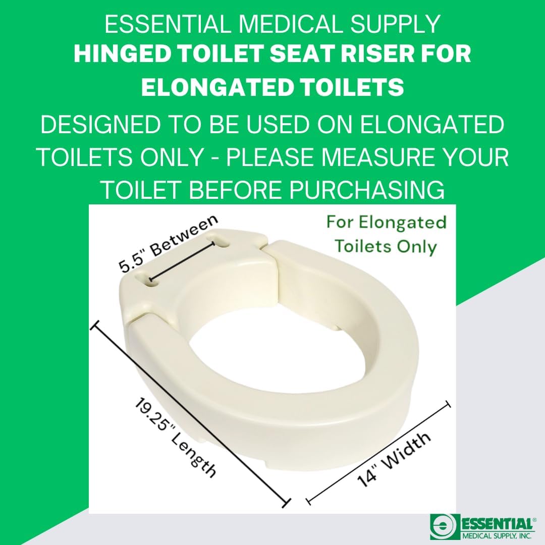 Essential Medical Supply Hinged Toilet Seat Riser for Elongated Toilets - 19 x 14 x 3.5 Inches