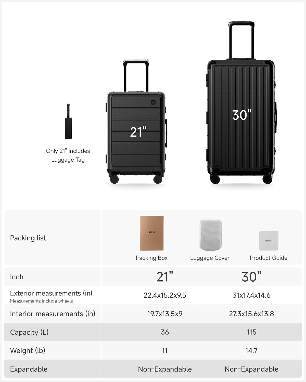 LUGGEX Front Opening Zipperless Carry On Suitcase, Black, 21" | Carry On Luggage, Front Opening, Airline Approved, TSA Lock, 8 Spinner Wheels, 36L Capacity, HUP-Pro Hard Shell, ZX-Core