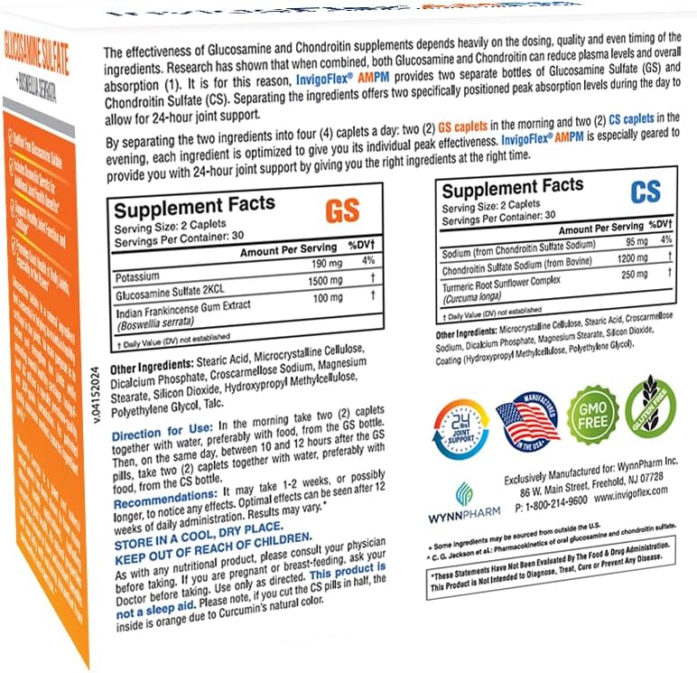 INVIGOFLEX® AMPM - Glucosamine & Chondroitin Sulfate - Turmeric Curcumin - Boswellia Serrata (Non GMO) for Knees, Hands, Back and Hip 24 - Hour Premium Joint Supplement