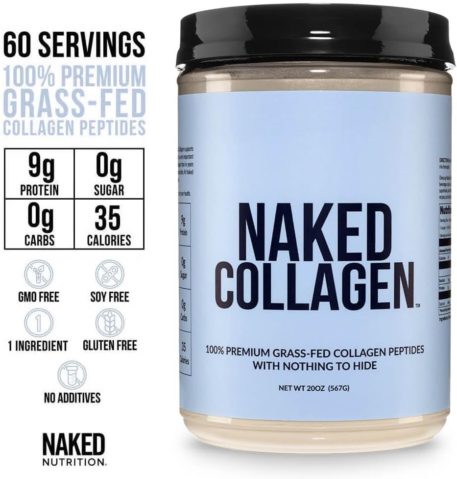 NAKED Collagen Peptides Protein Powder, 60 Servings, Pasture-Raised, Unflavored Grass-Fed Hydrolyzed Collagen Supplement, NSF Certified, Paleo Friendly, Non-GMO, Keto, Gluten Free, 20oz