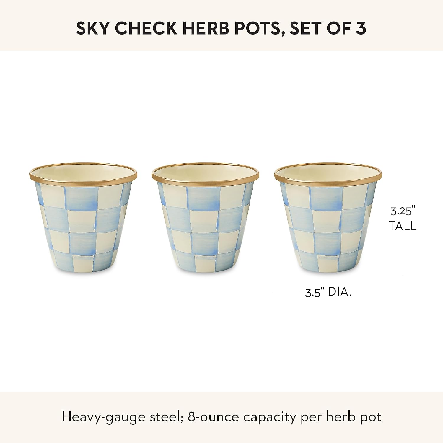 MACKENZIE-CHILDS Enamel Herb Pot Set, Small, Black-and-White Courtly Check | Hand-painted design, small plant pots for herbs or flowers, 8-ounce capacity per pot, set of 3