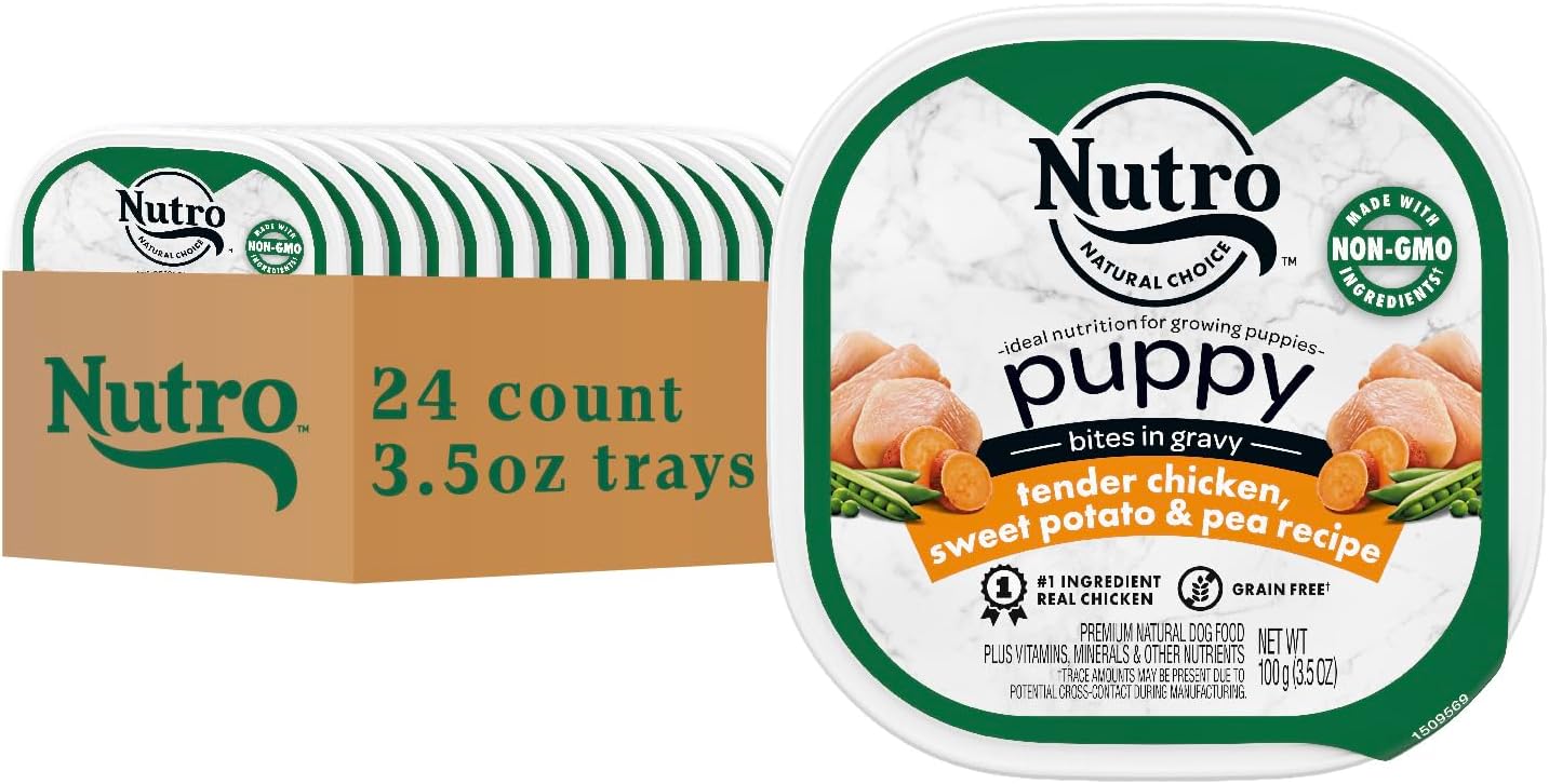 Nutro Puppy Tender Cuts Wet Dog Food, Chicken & Rice, 3.5 oz, 24 count | Bites in gravy, real chicken #1 ingredient, 100% complete & balanced for puppies up to 1 year, no artificial flavors