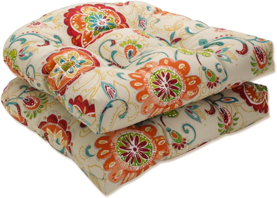 Pillow Perfect Bright Floral Indoor/Outdoor Tufted Wicker Seat Cushion, 2 Count, 19" x 19", Blue/Tan Telfair Peacock