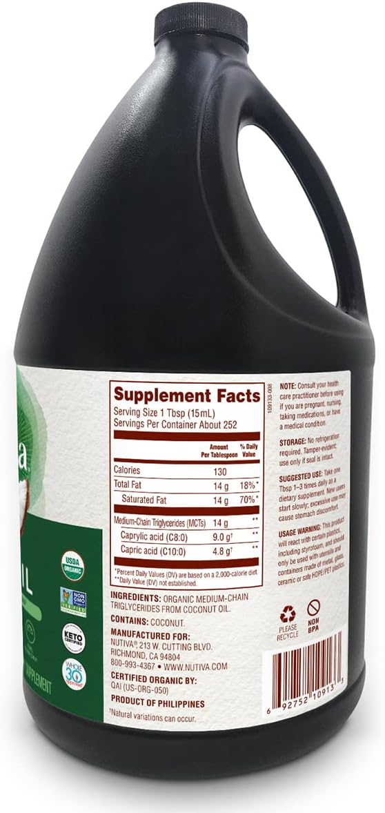 Nutiva Organic MCT Oil, Unflavored, 32 Oz, USDA Organic, Non-GMO, Non-BPA, Whole 30 Approved, Vegan, Gluten-Free & Keto, 14g MCT per Serving & Neutral Flavor for Energy Boost to Coffee, Shakes and Salads