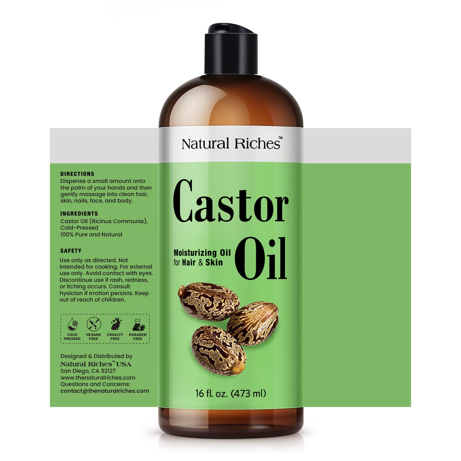 Natural Riches Castor Oil Cold pressed for Dry Skin Hair Loss Dandruff Thicker Hair - Moisturizes heals Scalp Skin Hair growth Thicker Eyelashes & Eyebrows
