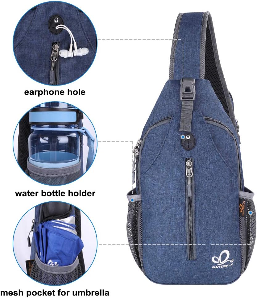 WATERFLY Crossbody Sling Backpack Sling Bag Travel Hiking Chest Bag Daypack (Black) | Small Hiking bag,Multi-compartment storage,Water-resistant,Breathable back pad,Reversible adjustable shoulder strap