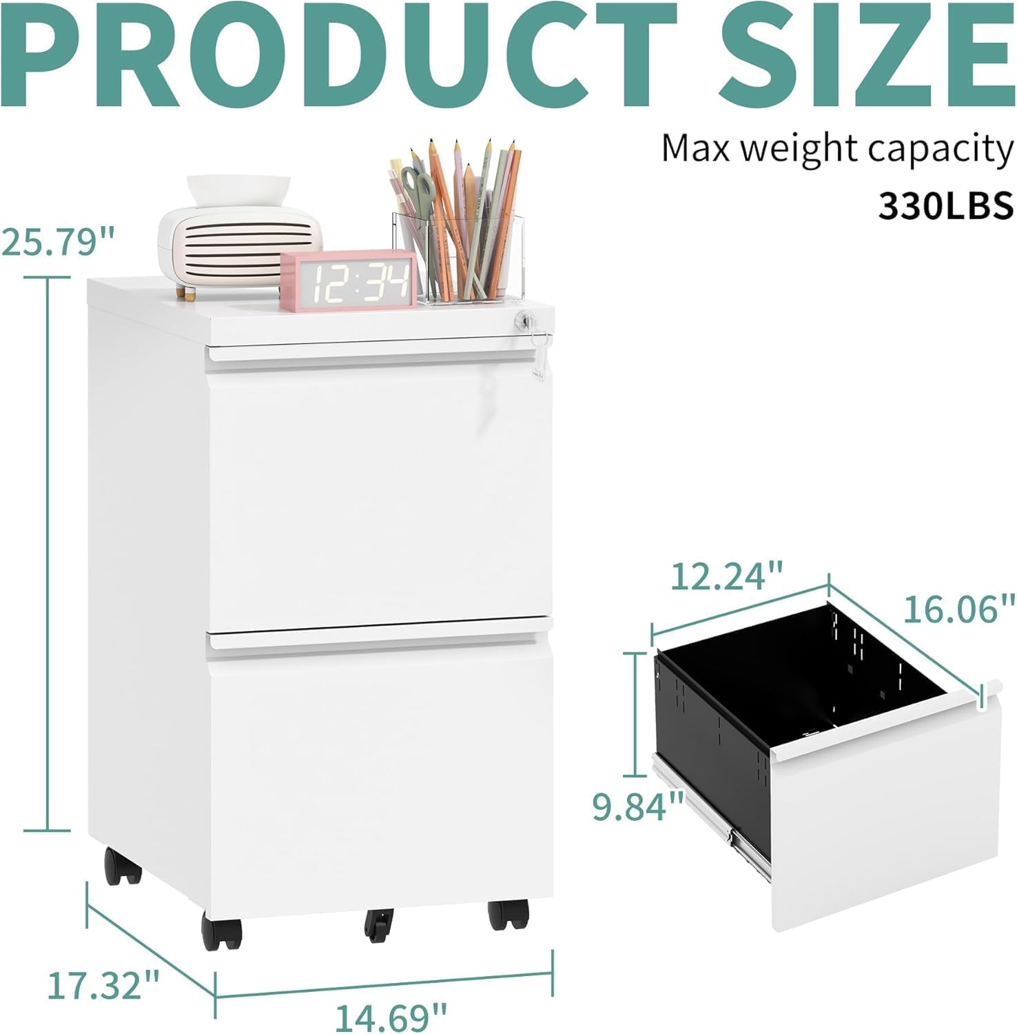 Guizeeopo 3 Drawer File Cabinet with Lock, File Cabinets for Home Office,Under Desk Cabinet, Locking File Cabinet for A4/Letter/Legal, Fully Assembled Expect Casters, Matte White
