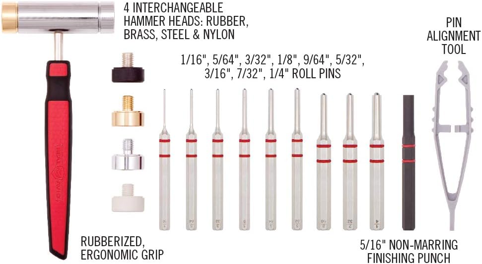 Real Avid Roll Pin Punch Set & Hammer + Non-Slip Magnetic Bench Block | 10 Nickel-Plated Steel Roll Pin Punches