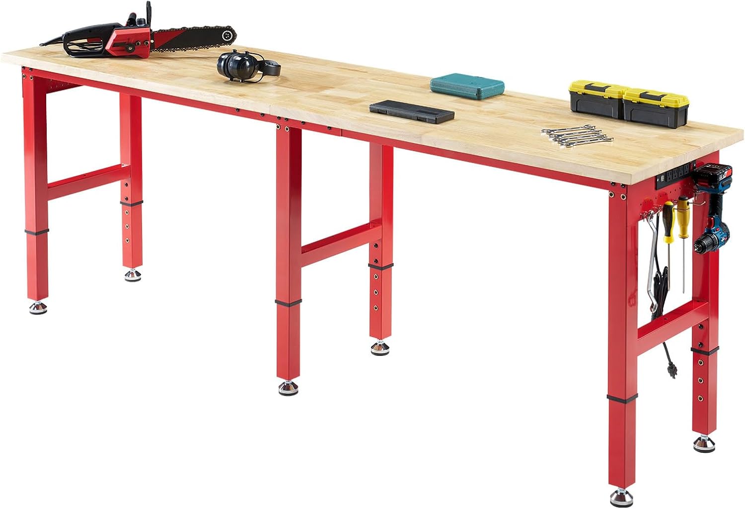 Albott 44 x 20-Inch Adjustable Workbench | 2000 Lbs Capacity, Solid Rubber Wood Top, Power Outlets and Hooks, for Garage, Workshop and Home Office, Black
