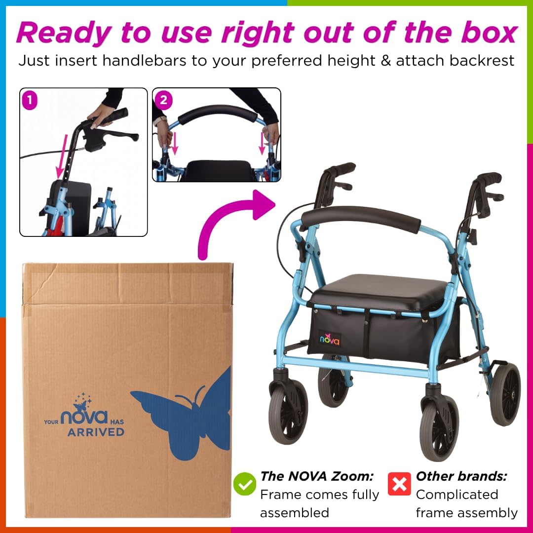 NOVA Zoom 22 Rollator Walker for Seniors, Rolling Walker with Locking Hand Brakes, Padded Seat & 8" Wheels, Lock N Load for Easy Transport & Storage, Adjustable Height 5'5"–6'1", Red