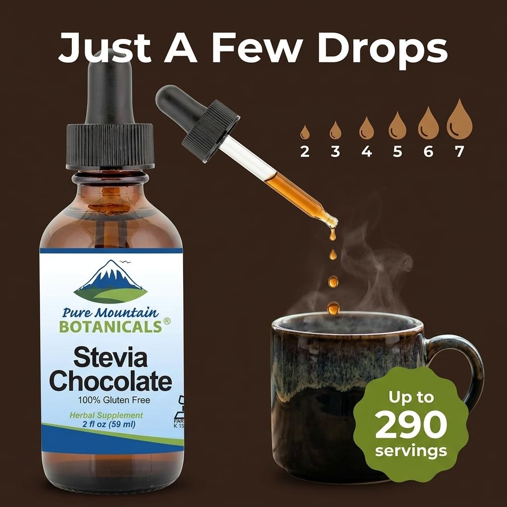 Chocolate Stevia Liquid Drops Flavored with Natural Sweet Dark Chocolate | Alcohol Free and Kosher | 2oz Glass Bottle