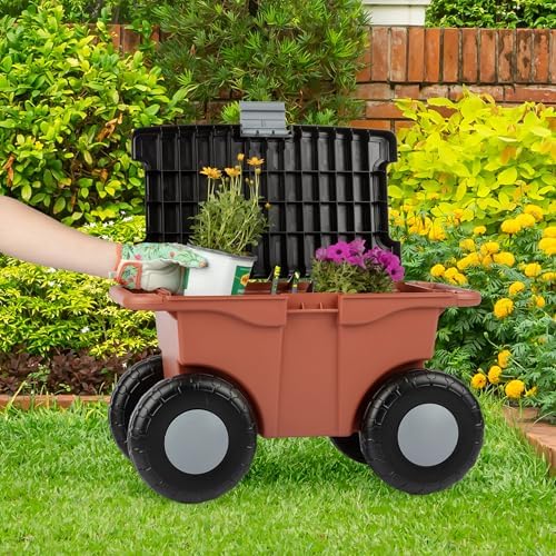 Rolling Garden Cart with Seat - Plastic Storage with Bench and Interior Tool Tray - Gardening Stool for Weeding and Planting By Pure Garden (Green) | Plastic Storage with Bench and Interior Tool Tray - Gardening Stool for Weeding and Planting