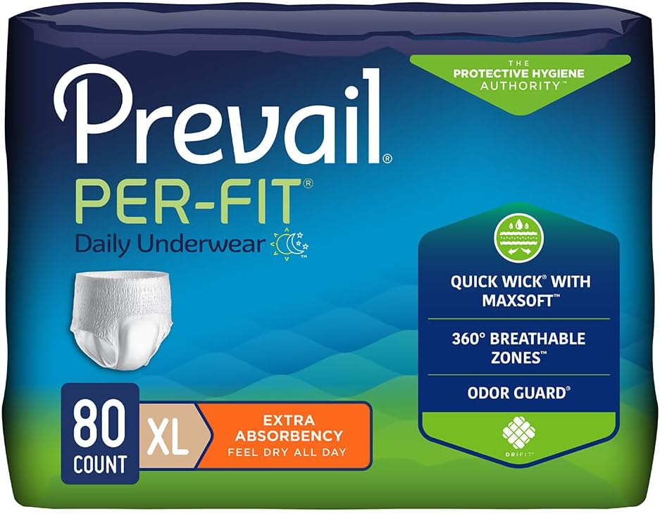 Prevail Per-Fit Daily Protective Underwear, Unisex Adult Disposable Adult Diaper for Men & Women, Extra Absorbency, Medium, 80 Count (4 Packs of 20) | Disposable, Incontinence, Extra Absorbency