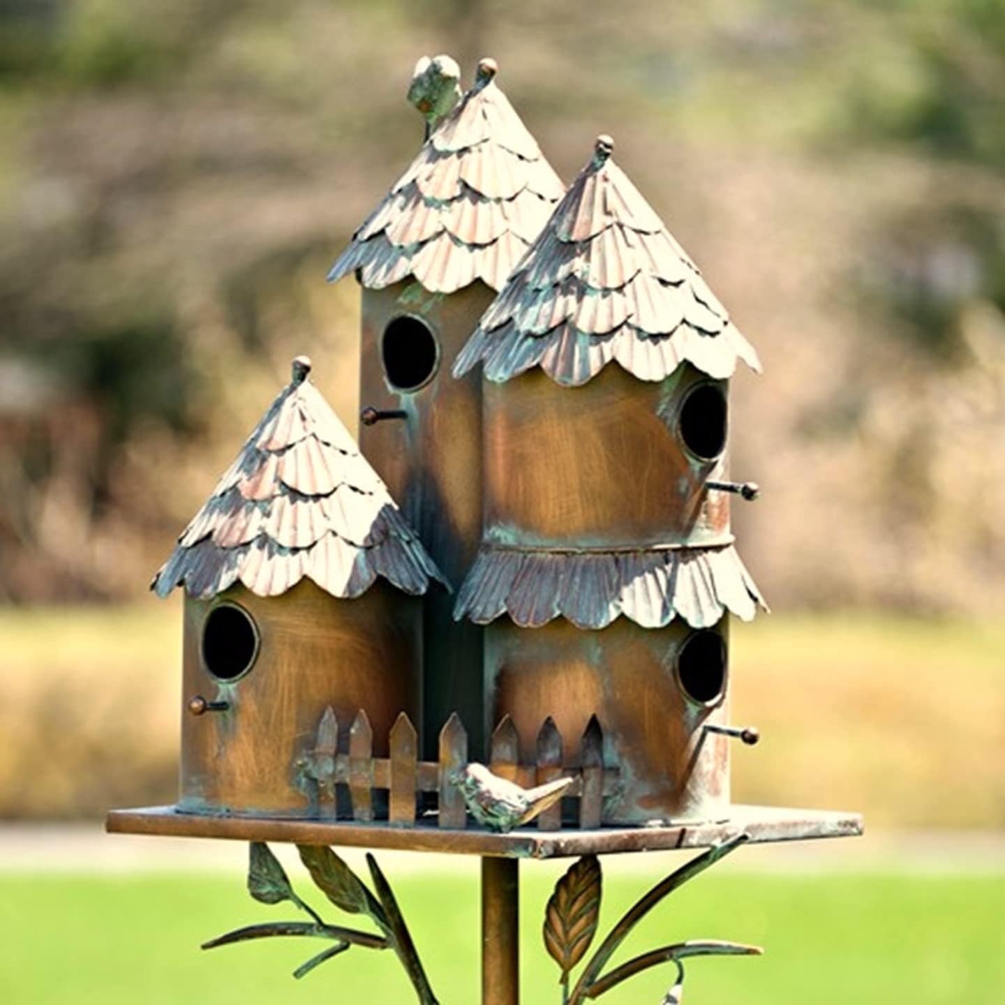 Large Copper Colored Multi-Birdhouse Stakes, Room for 4 Bird Families in Each (Cube Homes with Pyramid Roofs)