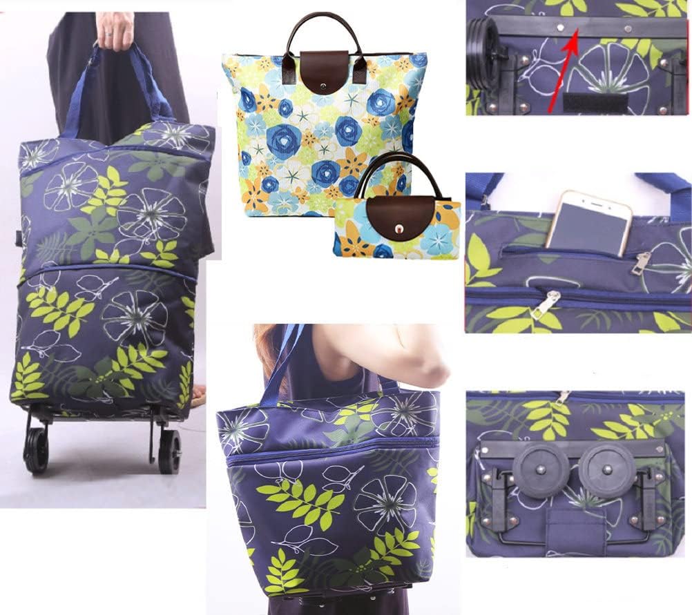 Collapsible Shopping Bag with Wheels Portable Shopping Cart with 360° Swivel Wheels Rolling Tote Bag Reusable Grocery Bag Trolley Bag on Wheels for Travel Shopping and Daily Use(Blue)