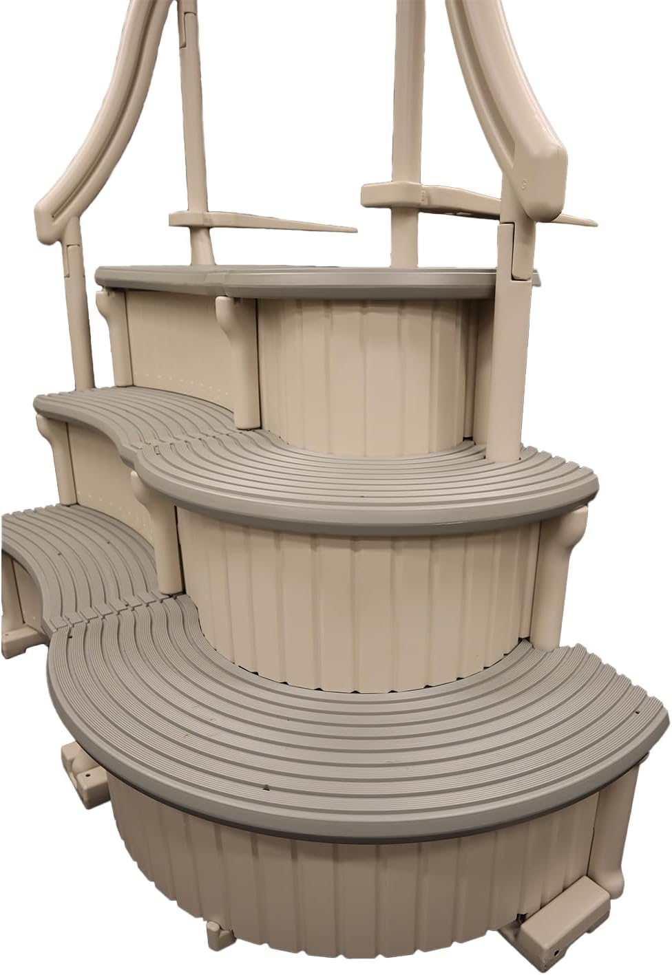 Confer Plastics Curved Drop-in Inground Pool Step 3 Tread Stair Entry System w/ 2 Handrails & Adjustable Mounting Brackets - Base Step, Grey Treads
