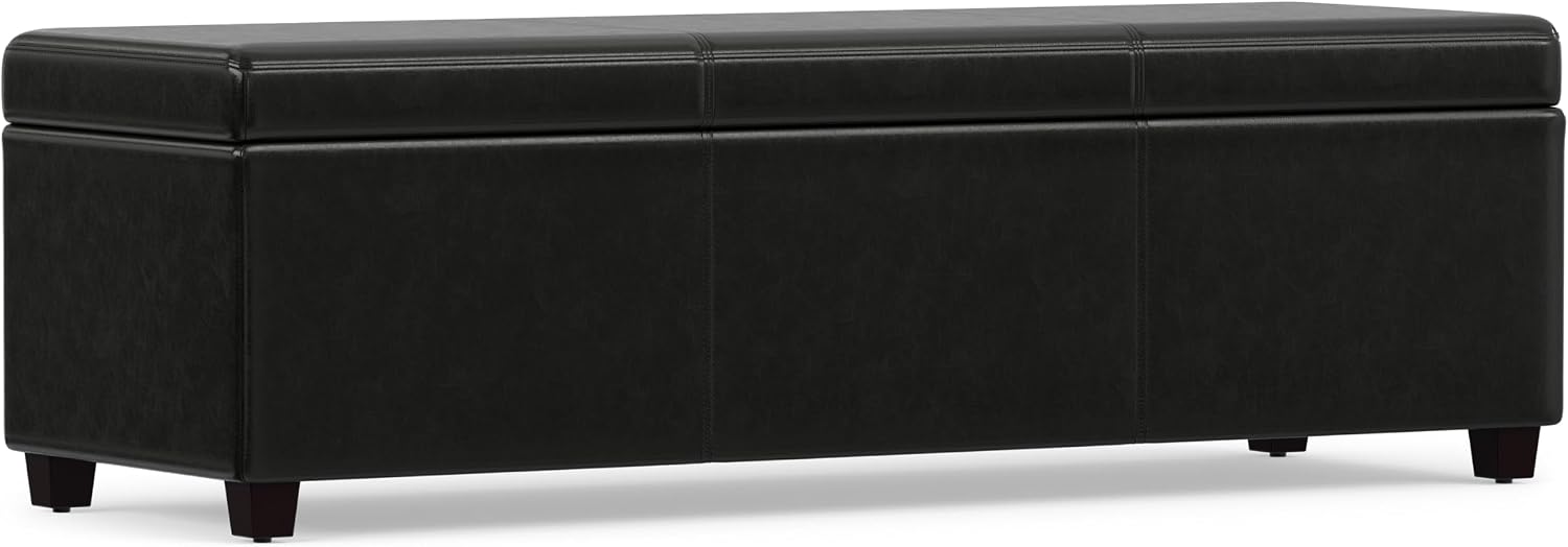 SIMPLIHOME Avalon 54" Wide Vegan Leather Storage Ottoman in Tanners Brown