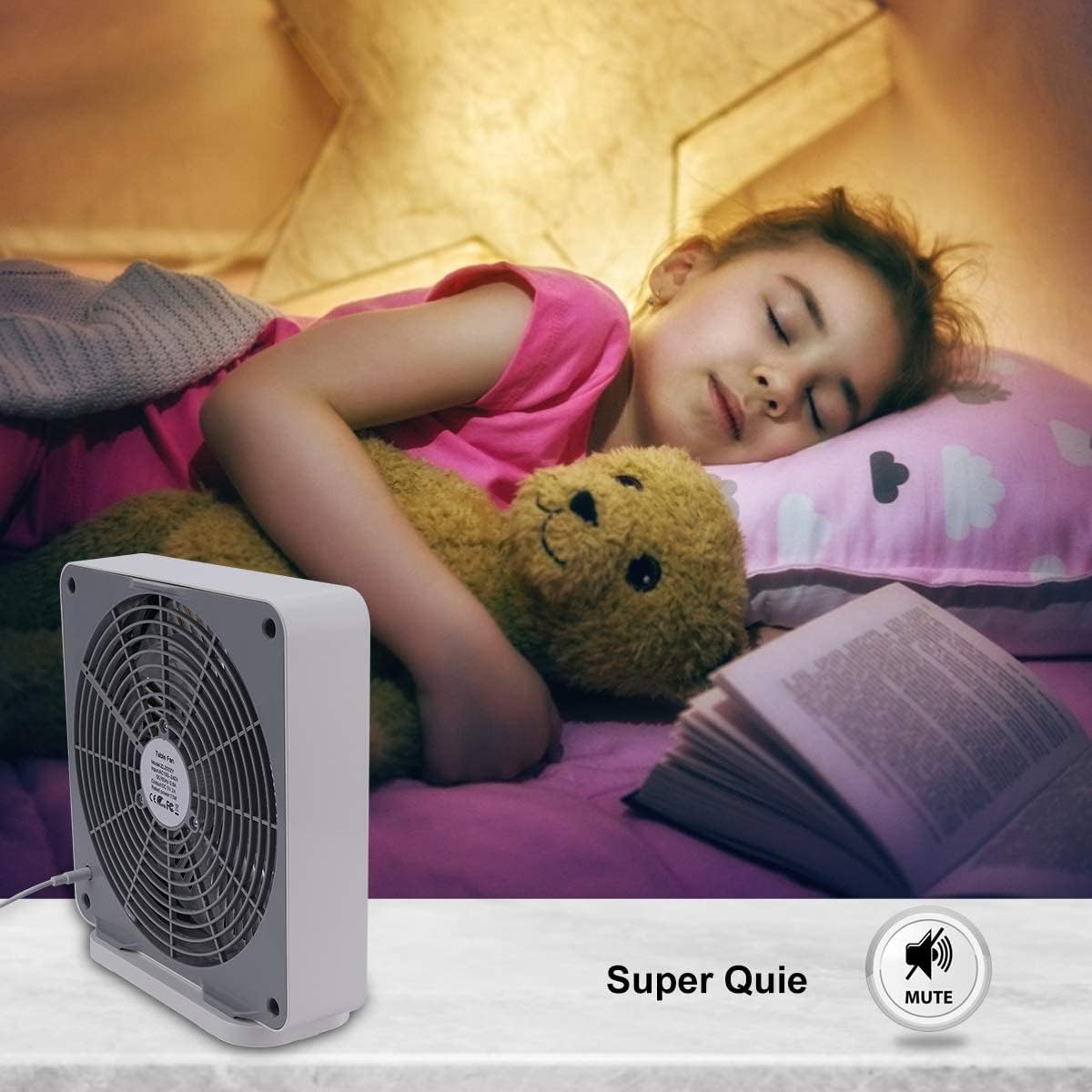 Small Box Fan, 10 inch Window Fan with 3 Speeds Strong Airflow, DC Adapter Square Table Fan for Office Bedroom Living Room Apartment