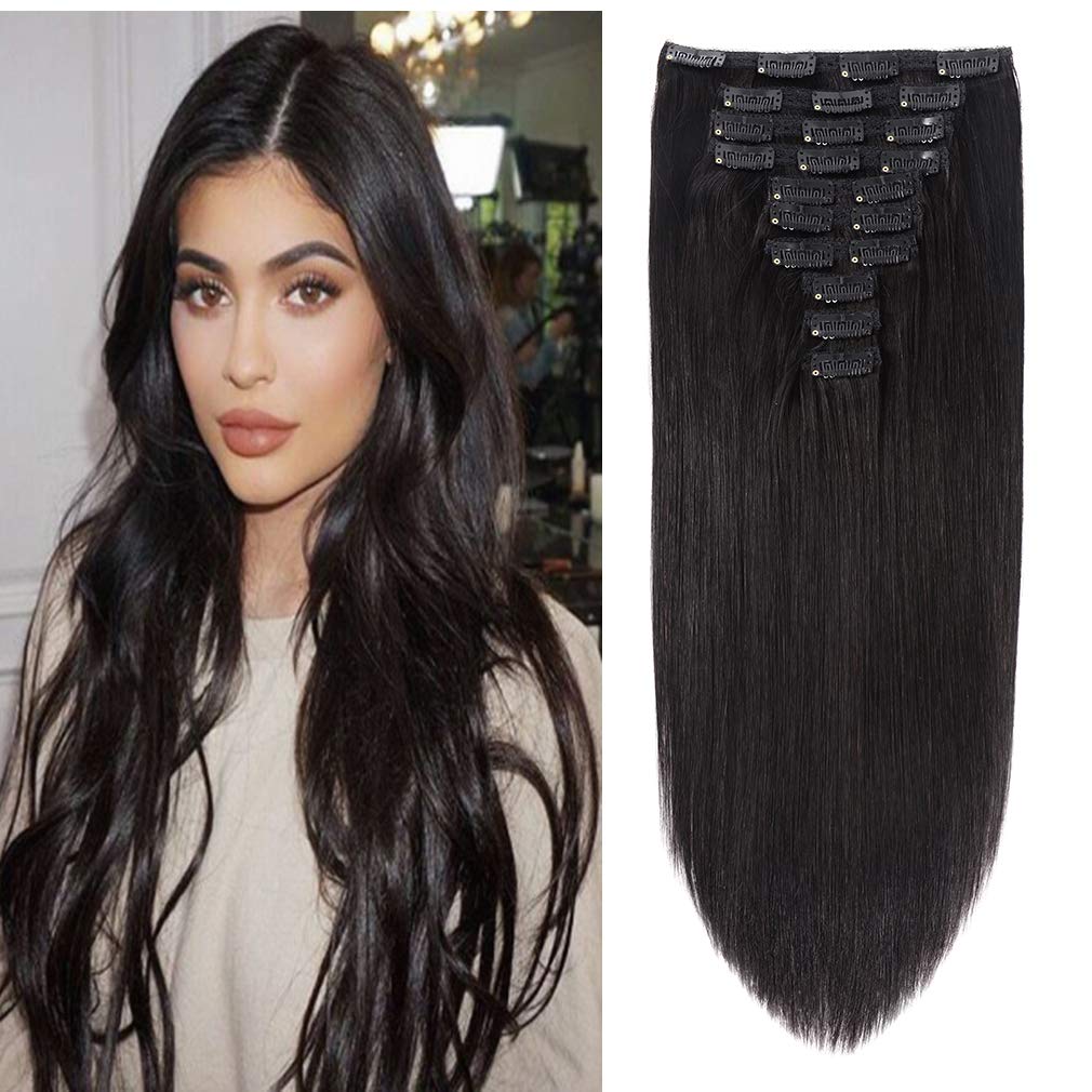 22" Clip in Human Hair Extensions Full Head 200g 10 Pieces 22 Clips Light Brown Double Weft Brazilian Real Remy Hair Extensions Thick Straight (22"