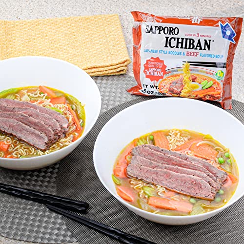 [SAPPORO ICHIBAN] Ramen Noodles, Beef Flavor, No. 1 Tasting Japanese Instant Noodles (3.5 Oz. x 24 packs) | 24 Pack Case