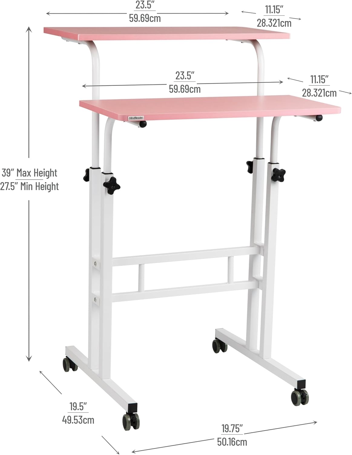 Mind Reader Standing Desk, Adjustable Height Laptop Workstation, Portable Rolling Desk on Wheels, Two-Tier Metal Frame, Black