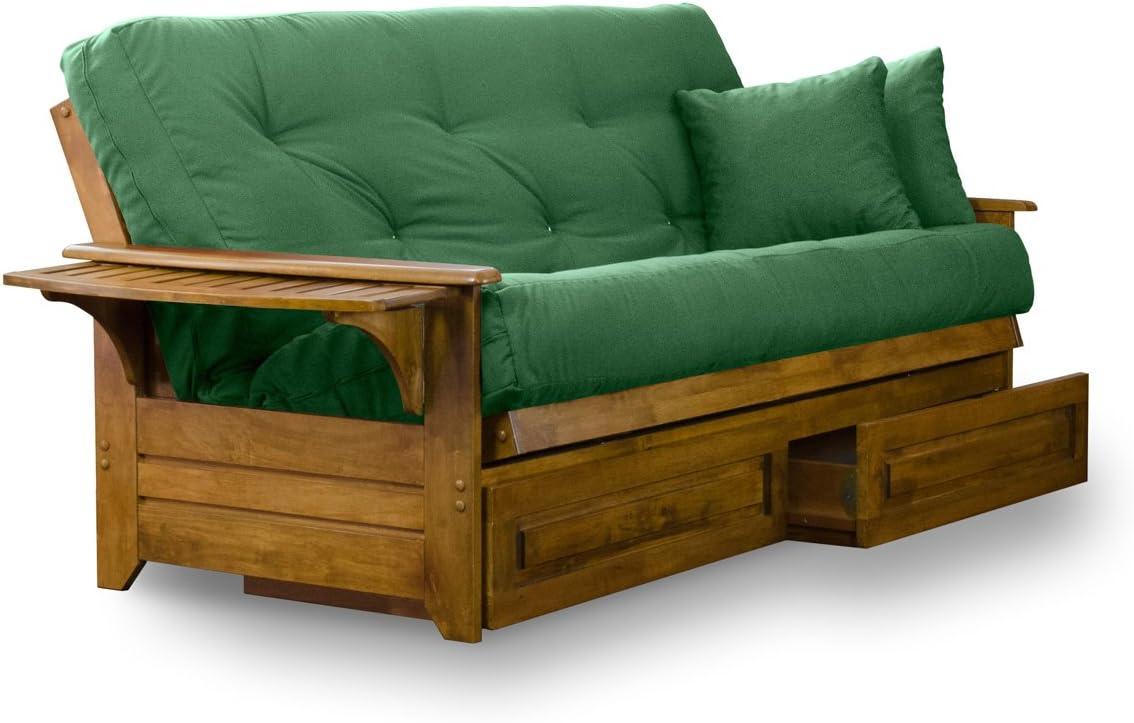 Brentwood Tray Arm Futon Frame, Drawers, and Khaki Mattress Set - Queen, Rich Heritage Finish