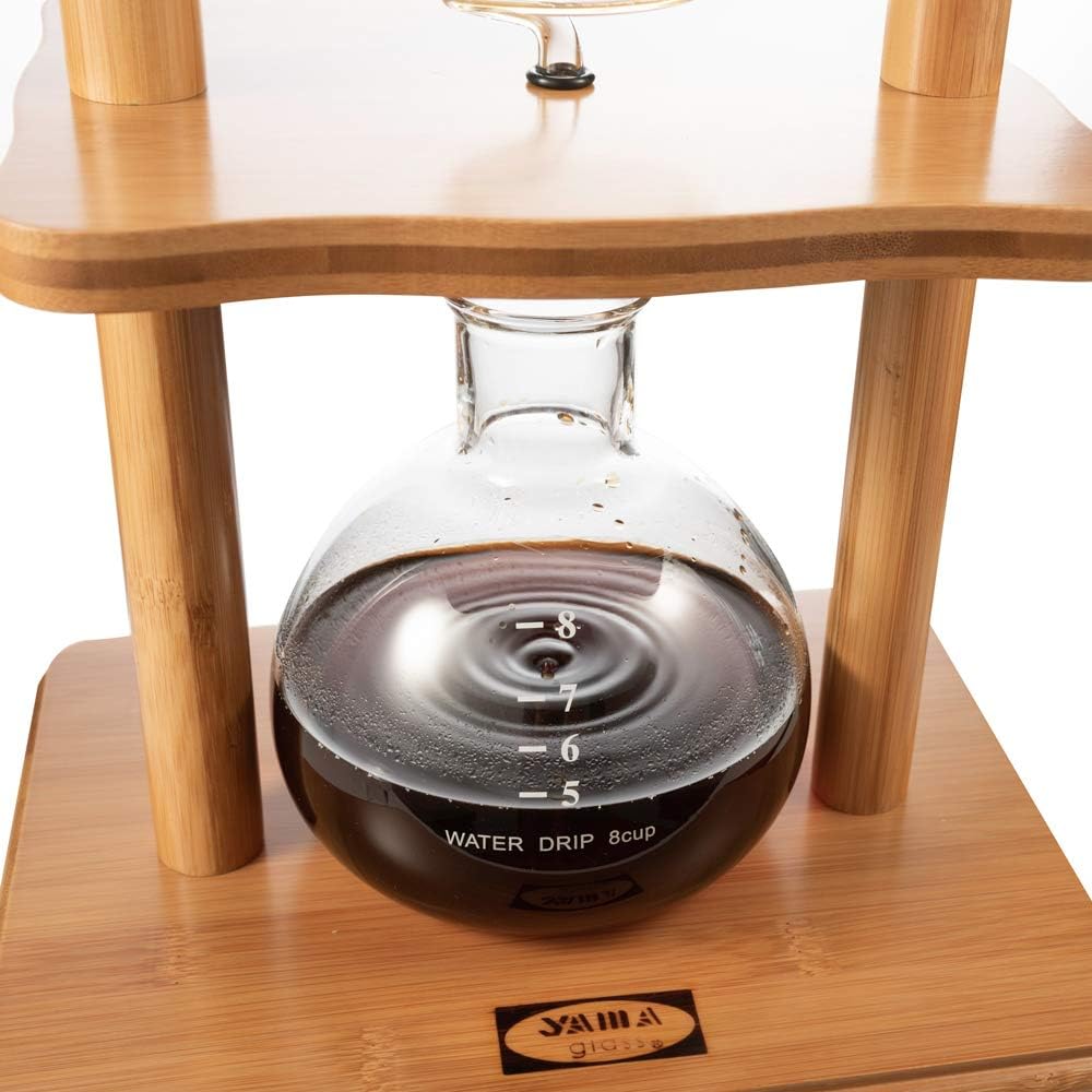 Yama Cold Brew Maker I Ice Coffee Machine With Slow Drip Technology I Makes 6-8 cups (32oz), Large Capacity Cold Brew Coffee Tower, Brown Wood Curved Frame