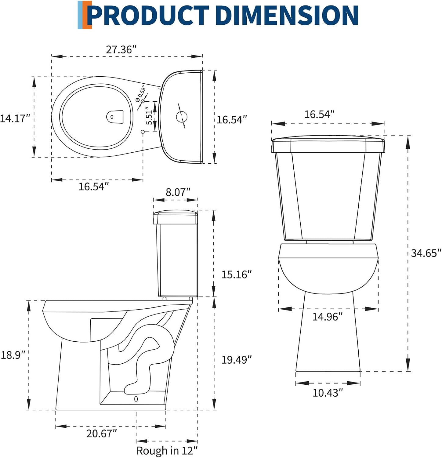 Two-Piece Toilets for Bathrooms, Comfort ADA Toilet with 19" Height, Elongated with Soft Close Seat, Power Flush 1.28 GPF